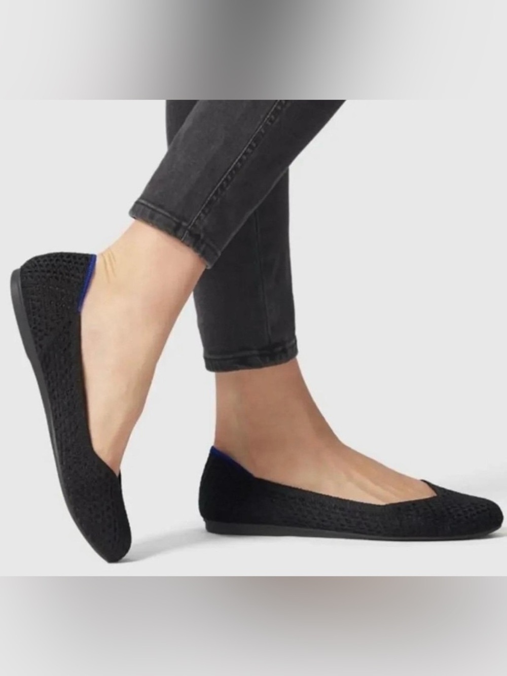 Rothy's Black Knit Ballet Flats with Blue Heel Trim